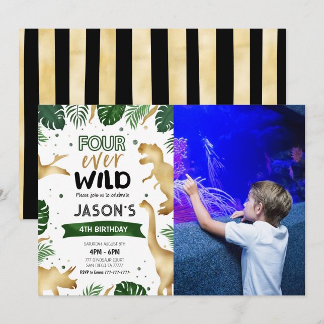 Convites Ouro 4ª Foto da Festa de aniversário do Dinossauro (Frente/Verso)