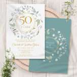 Convites Ouro 50º Aniversário do Casamento Laurel Greenery<br><div class="desc">Um terreno decorativo verde-verde circunda uma falsa borda de folha de ouro contendo texto de 50 anos de aniversário. Abaixo, os detalhes do evento de aniversário são definidos em texto elegante clássico. O reverso apresenta o conjunto de nomes de casais casados dentro de uma granja de folha de ouro floral...</div>