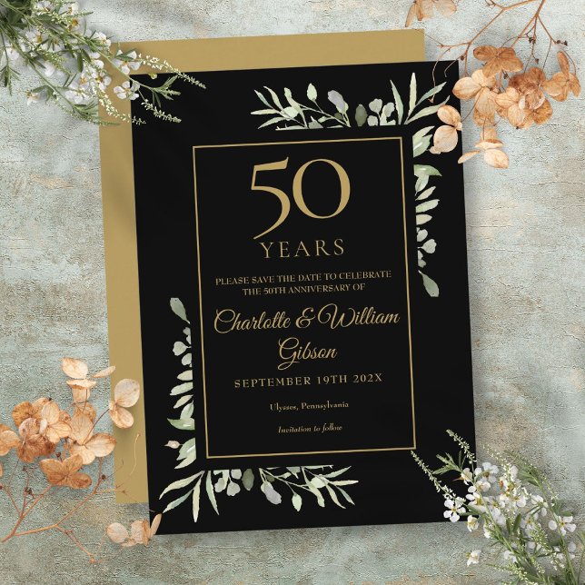 Convites Ouro 50º Aniversário Salve a Data Verde (Golden 50th Anniversary Save the Date Greenery Invitation)