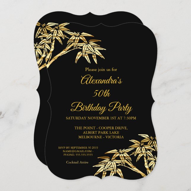 Convites ouro 50º Festa de aniversário Dourado Bamboo preto (Frente/Verso)