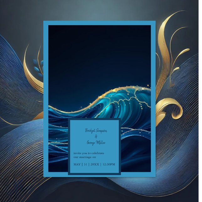 Convites Ouro Accentado Casamento das Ondas do Oceano Abstr (Criador carregado)