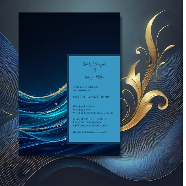Convites Ouro Accentado Casamento das Ondas do Oceano Abstr (Criador carregado)