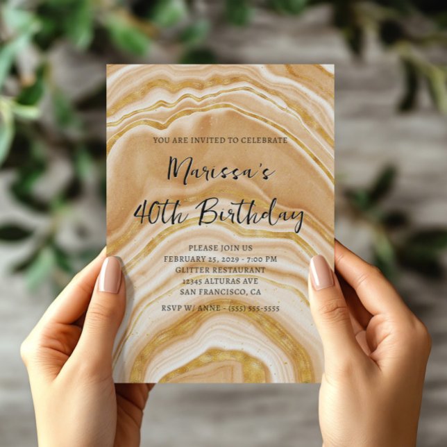 Convites Ouro Agate Faux (Faux Golden Agate 40th Birthday Invitation)