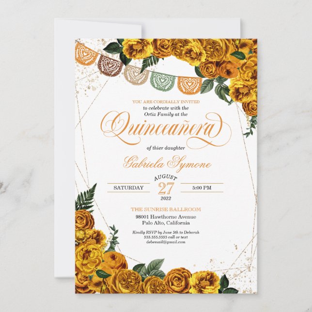 Convites Ouro Amarelo Picado Fiesta Quinceañera (Frente)