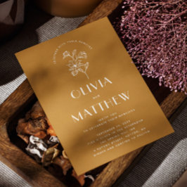 Convites Ouro Amber Floral Minimalista Casamento. QR e Foto