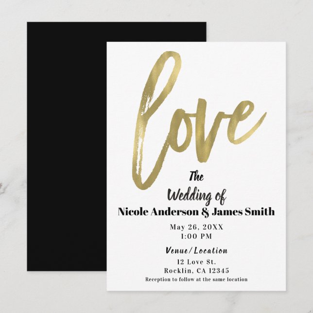 Convites Ouro AMOR Moderno Script Casamento Pincel (Frente/Verso)