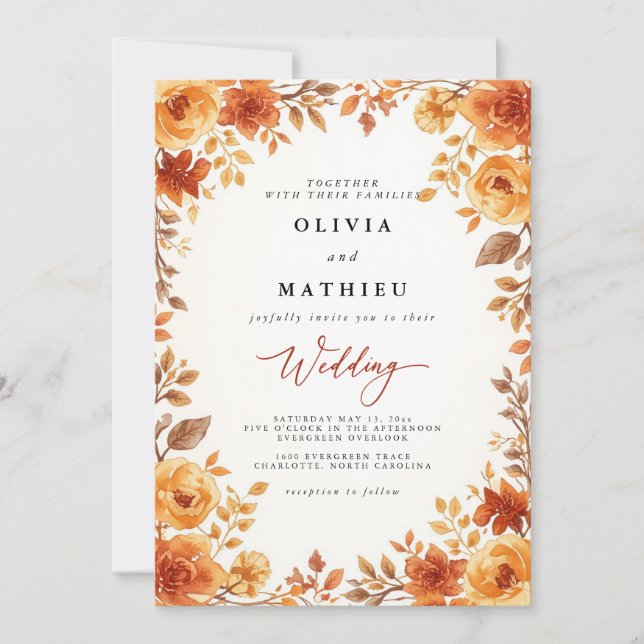Convites Ouro Autumn Floral Romance Wedding (Frente)