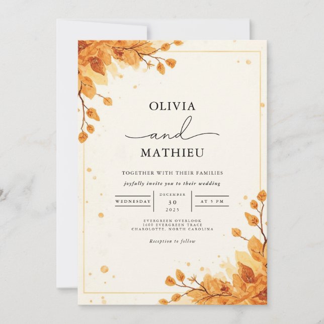 Convites Ouro Autumn Foliage Romance Wedding (Frente)