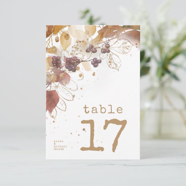 Convites Ouro Autumn Wedding Berries Table Number ID655 (Em pé/Frente)