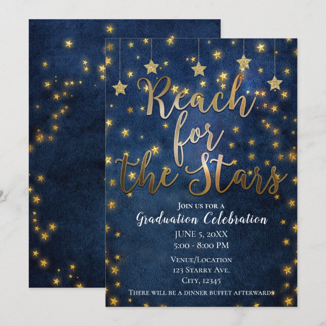 Convites Ouro Azul Alcançar as Estrelas Graduação Celestial (Frente/Verso)