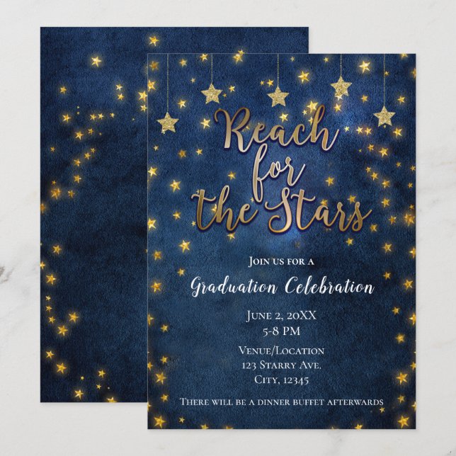 Convites Ouro Azul Alcançar as Estrelas Graduação Celestial (Frente/Verso)