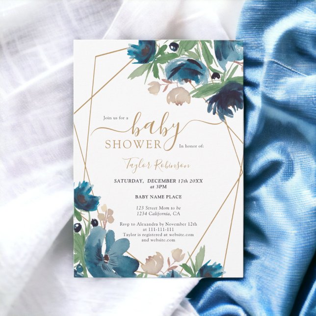Convites Ouro azul empoeirado Chá de fraldas floral (Elegant dusty blue gold Floral Baby shower Invitation)