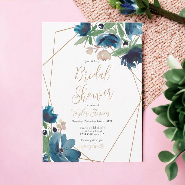 Convites Ouro azul empoeirado Chá de panela floral (Elegant dusty blue gold Floral Bridal Shower Invitation)