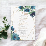 Convites Ouro azul empoeirado Elegante Molor de Água Floral<br><div class="desc">Celebre o seu amor pela beleza encantadora do nosso Convidado de 16 anos para o Terrário Floral de Deep Blue. As flores pintadas à mão em tons de azul marinho, azul empoeirado e verde esmagador criam uma cena pitoresca. Enquadrada num quadro geométrico de terrário ouro, esta design exumenta elegância moderna....</div>