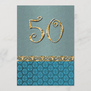 Convites Ouro azul eslegante 50ª damask ANY AGE