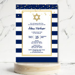 Convites Ouro Azul Listras & Estrela de Davi | Bar Mitzvah<br><div class="desc">Design elegante e moderno de Bar Mitzvah com confetes dourados falsos e fundo de listras azuis e brancas. Estrela de Davi dourada. Celebração judaica de passagem para a idade adulta / ritual de iniciação no judaísmo para meninos. Confetes e texto com folha dourada falsa. Todo o texto pode ser editado...</div>