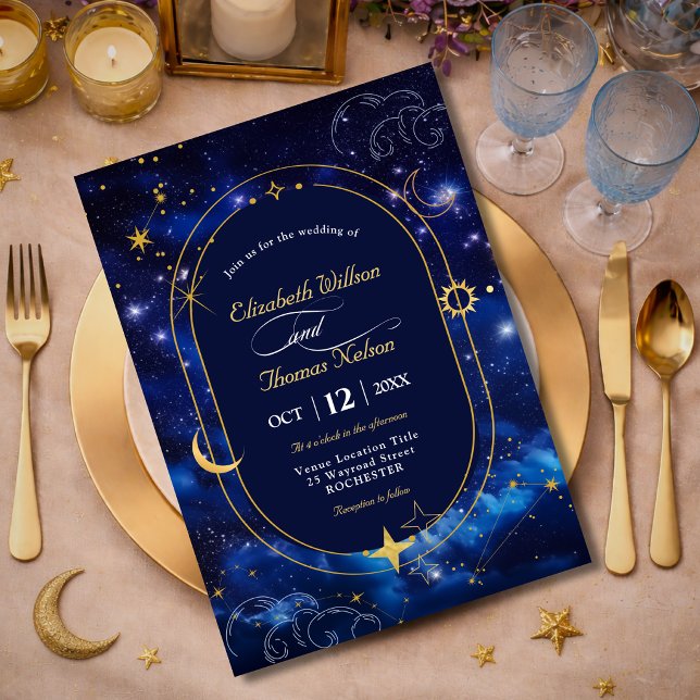 Convites Ouro azul lua mística astronomia celestial casamen (Criador carregado)
