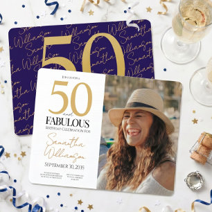 Convites Ouro & Azul-Marinho 50º Aniversário Fabuloso e E