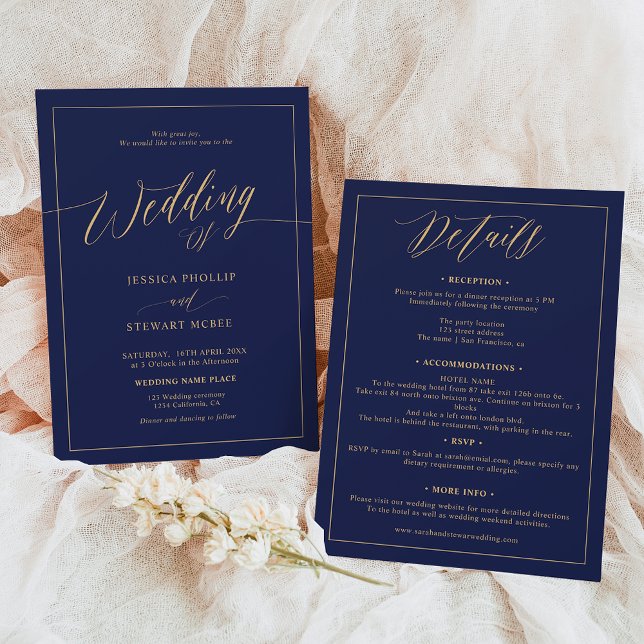 Convites Ouro azul-marinho elegante, tudo em um casamento d (Elegant navy blue gold all in one script wedding invitation)