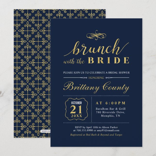 Convites Ouro & Azul-Navy | Chá de Noiva de Casamento Elega (Frente/Verso)