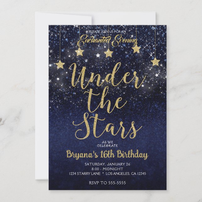 Convites Ouro Azul Sob as Estrelas Noite Estrelada Doce 16 (Frente)