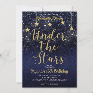 Convites Ouro Azul Sob as Estrelas Noite Estrelada Doce 16