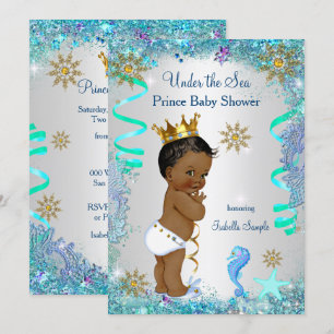 Convites Ouro Azul Sob o Mar Príncipe Baby Shower Étnico