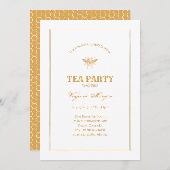 Convites Ouro Bee e Honeycomb Tea Party (Frente/Verso)
