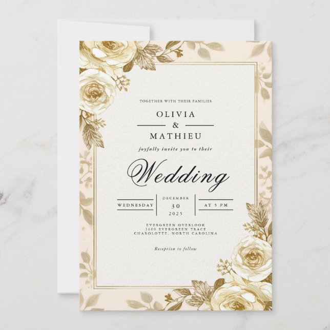 Convites Ouro Bloom Floral Frame Wedding (Frente)