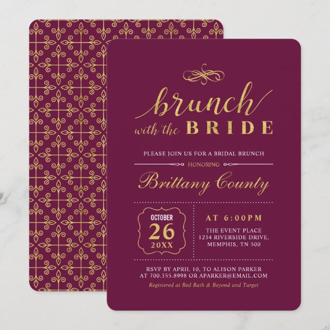 Convites Ouro & Borgonha | Brunch de Noiva para Casamento E (Frente/Verso)