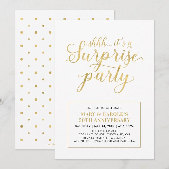 Convites Ouro & Branco | 50º Aniversário de Casamento Surpr (Frente/Verso)