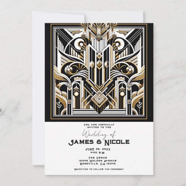 Convites Ouro Branco Arte Deco Casamento Roaring 20's (Frente)