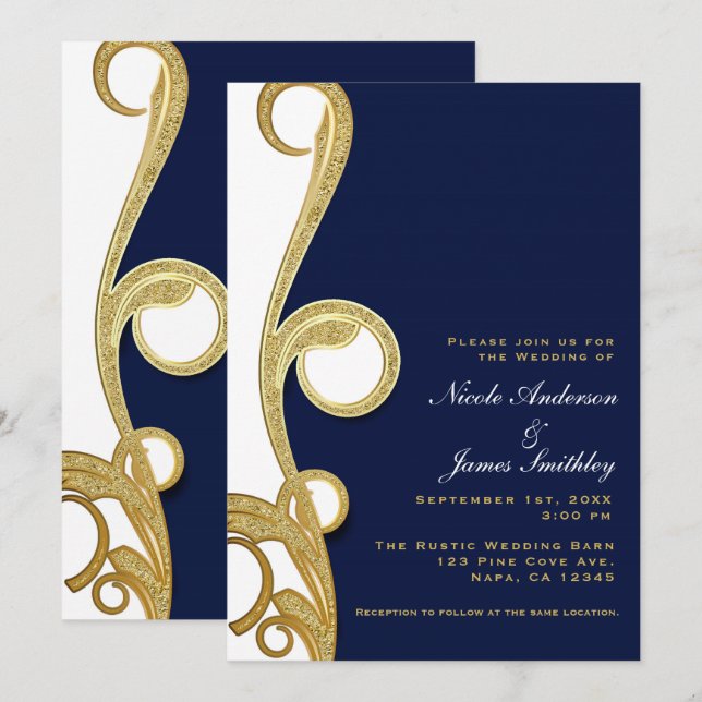 Convites Ouro Branco Azul Marinho Chic Elegante Redemoinho  (Frente/Verso)
