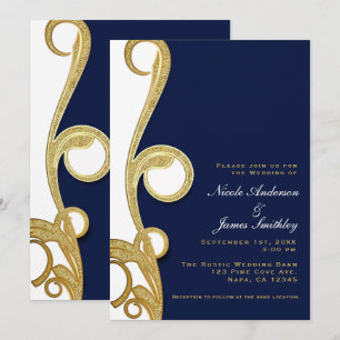 Convites Ouro Branco Azul Marinho Chic Elegante Redemoinho 