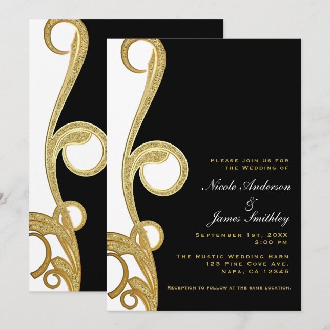 Convites Ouro Branco Chic Negro Elegante Redemoinho Casamen (Frente/Verso)