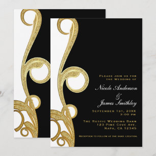 Convites Ouro Branco Chic Negro Elegante Redemoinho Casamen
