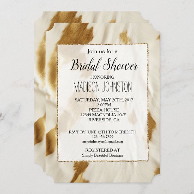 Convites Ouro Branco Cowgirl Sudoeste Couro de Vaca (Frente/Verso)