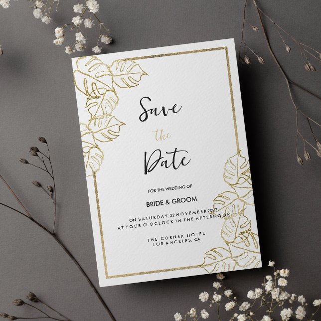 Convites Ouro branco sofisticado tropical Salvar a Data (Sophisticated white gold tropical Save the Date )