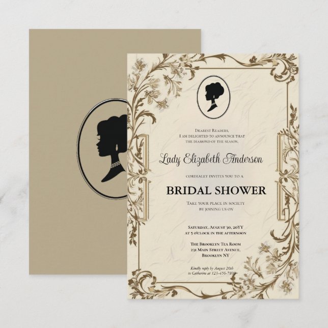 Convites ouro Bridgerton Chá de panela Invit da era da regê (Frente/Verso)