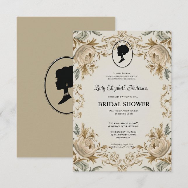 Convites ouro Bridgerton Chá de panela Invit da era da regê (Frente/Verso)