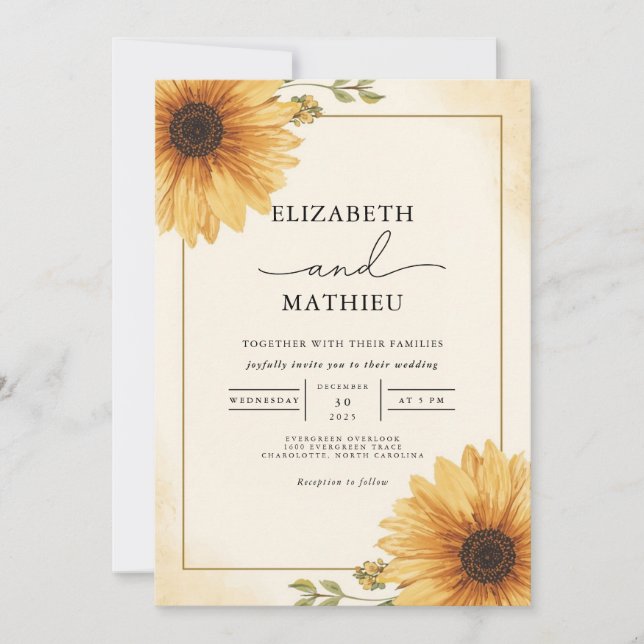 Convites Ouro Cantinho de Girassol Casamento Floral (Frente)