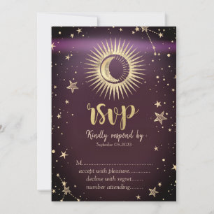 Convites Ouro Celestial Sol e Lua Estrelas Borgonha RSVP