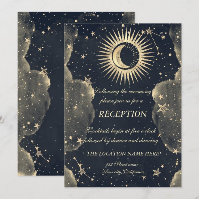 Convites Ouro Celestial Sol e Lua Estrelas Nuvens (Frente/Verso)