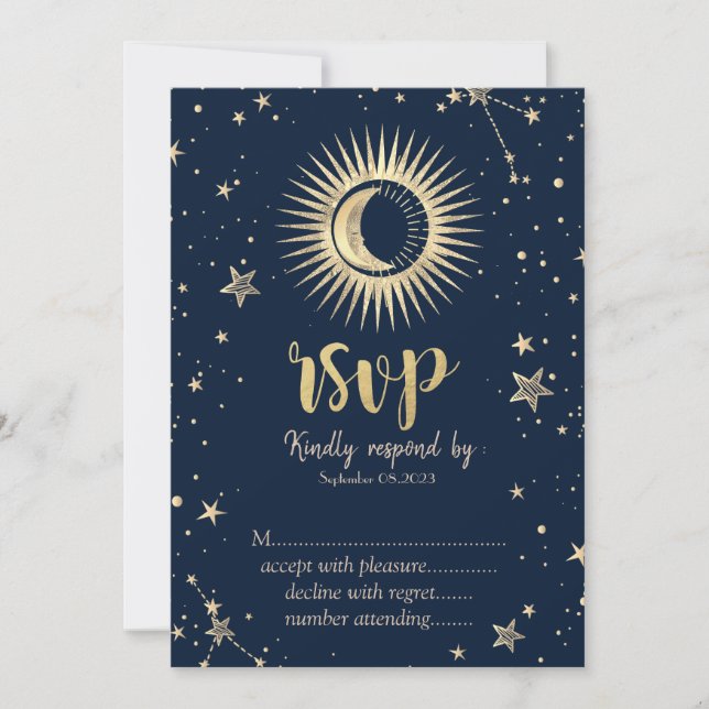Convites Ouro Celestial Sol E Lua Estrelas RSVP (Frente)