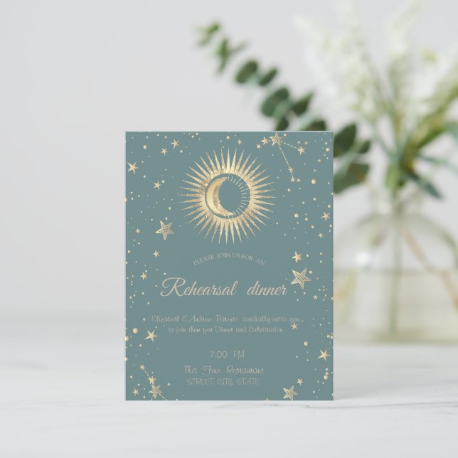 Convites Ouro Celestial Sol E Lua Estrelas Verde Hortelã (Em pé/Frente)
