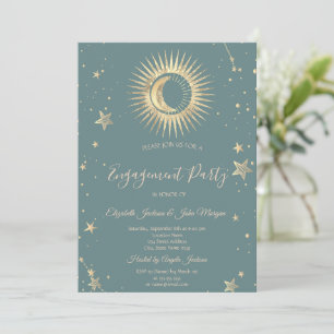 Convites Ouro Celestial Sol e Lua Estrelas Verde Menta