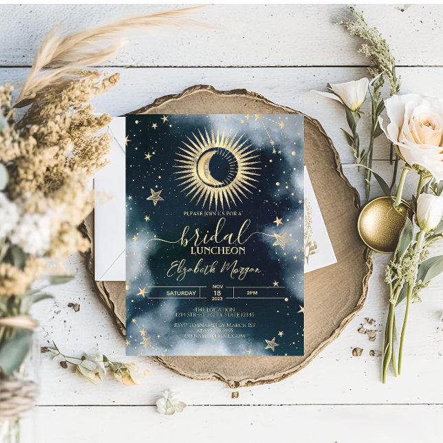Convites Ouro Celestial Sol, Lua, Estrelas Céu Noturno Noiv (Criador carregado)