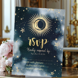 Convites Ouro Celestial Sol, Lua, Estrelas Céu Noturno RSVP