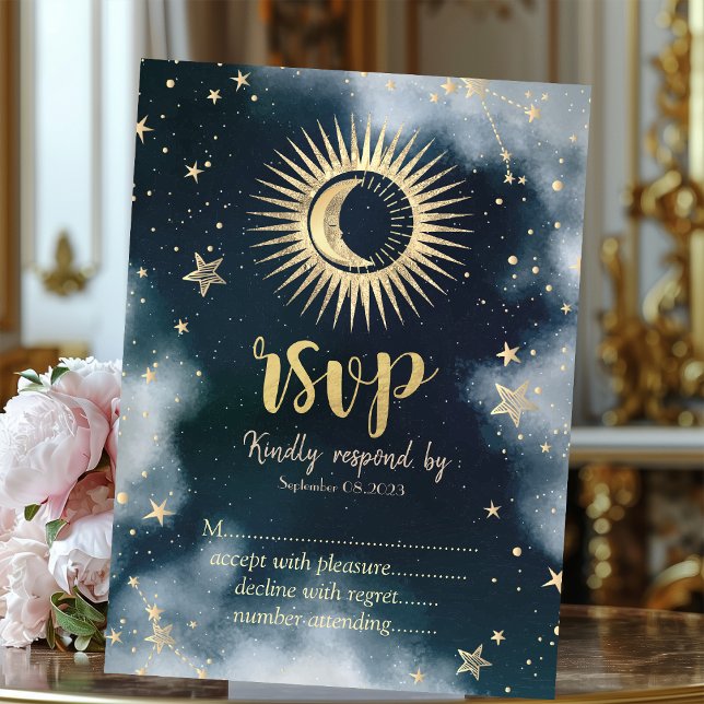 Convites Ouro Celestial Sol, Lua, Estrelas Céu Noturno RSVP (Criador carregado)