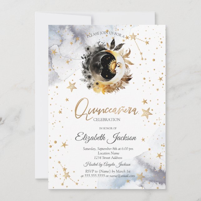 Convites Ouro Celestial Sol, Lua, Estrelas Flor Quinceanera (Frente)